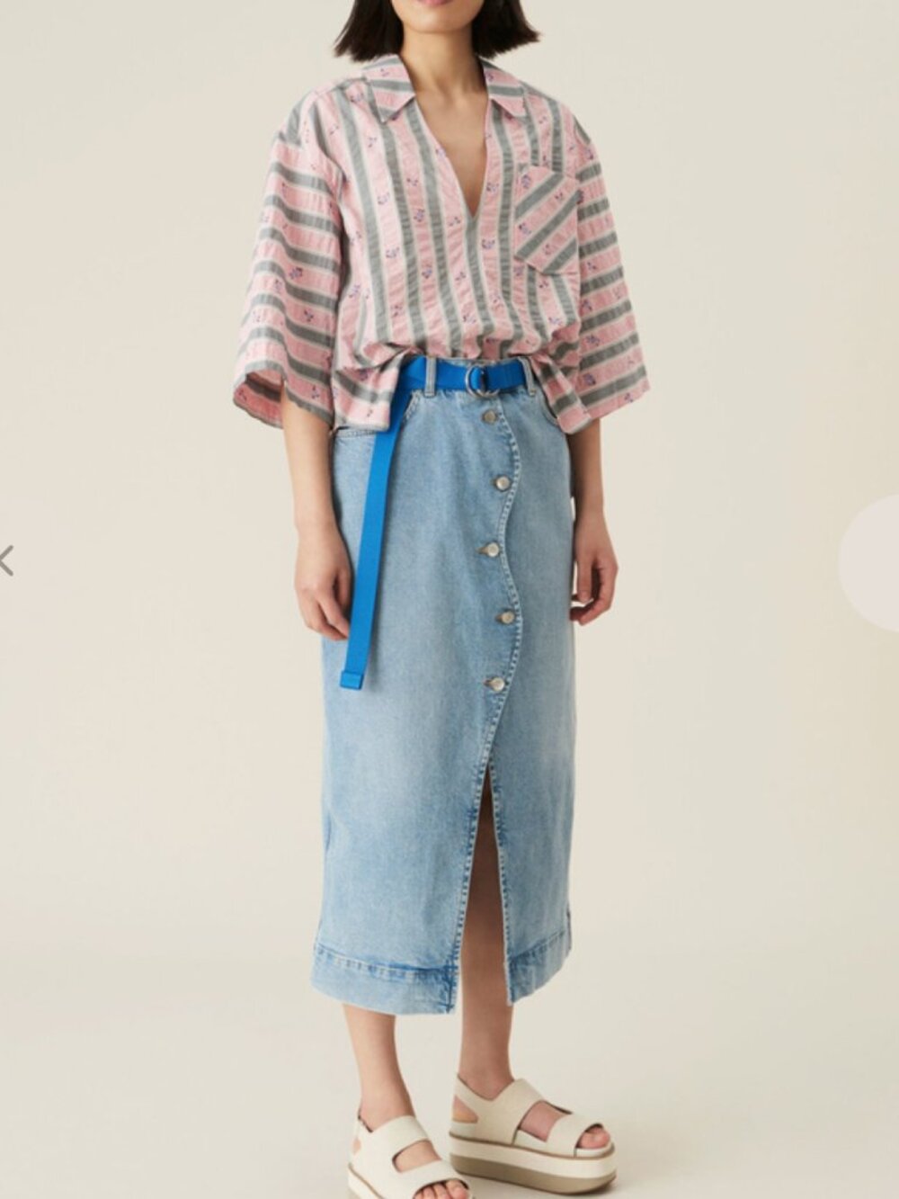Ganni Wavy Denim Midi Skirt in Blue